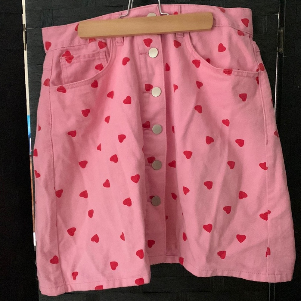 BOGO Pink Heart Denim Button-up Skirt